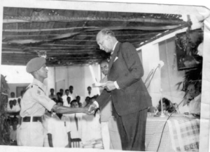 Shaking hands with the first Indian C-in-C, Gen KM Cariappa, before receiving prizes on 26 Aug 1959