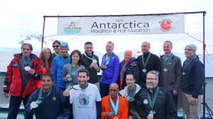 Hariharan with fellow runners after finishing the Antarctica Marathon