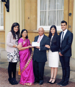 Dr Hari Shukla with his wife and their grandchildren after receiving the CBE (Commander of the Most Excellent Order of the British Empire) from Queen Elizabeth in 2015.
